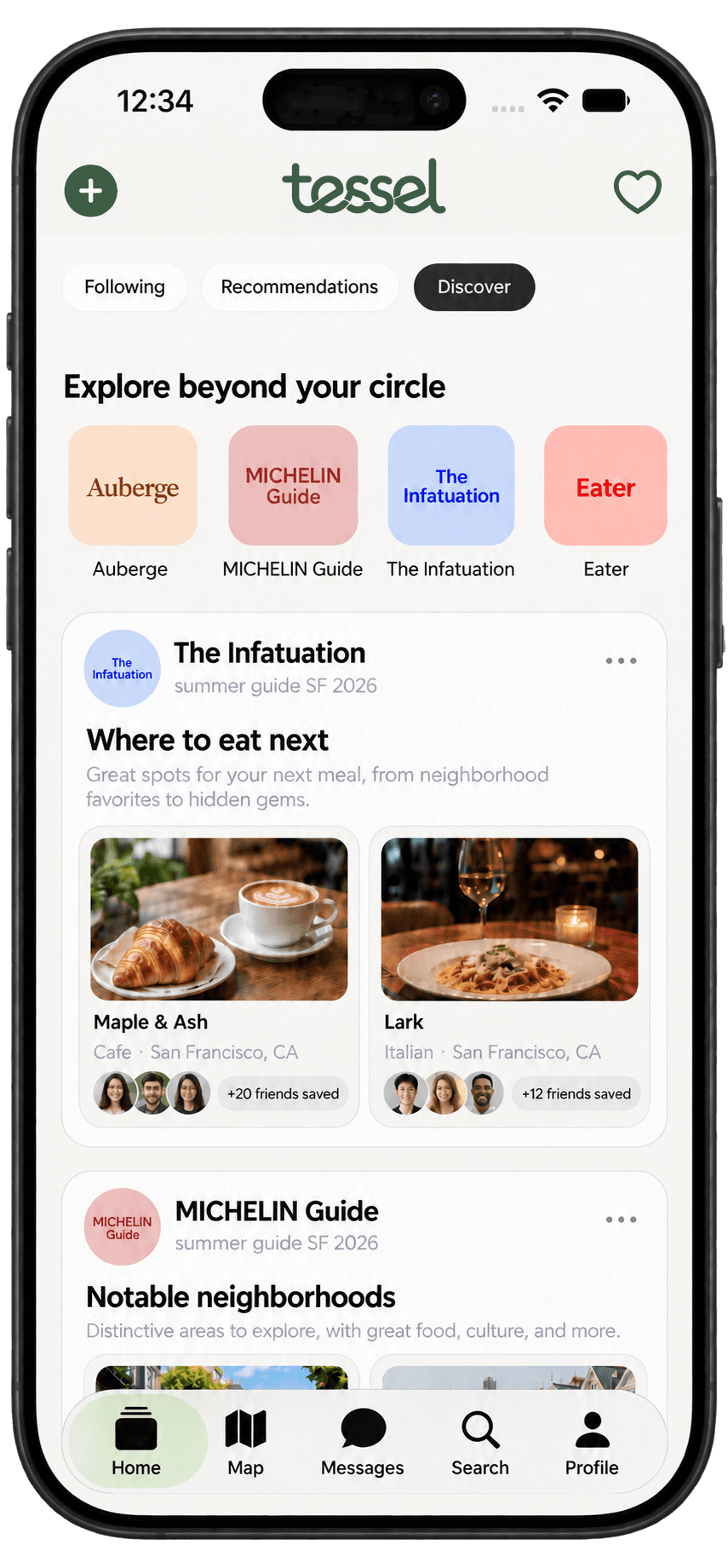 tessel Discover screen with guides and suggested places