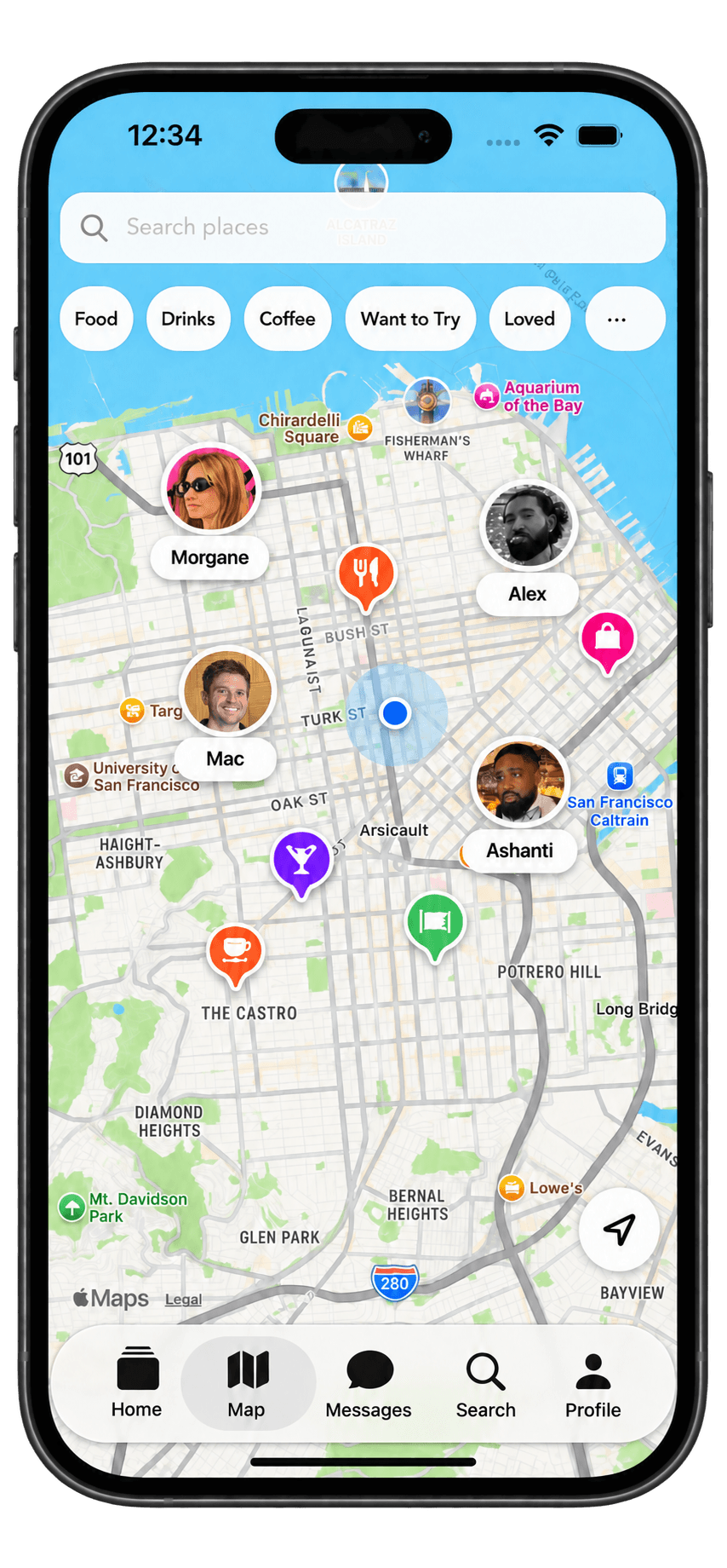 tessel map showing friends and their places in San Francisco