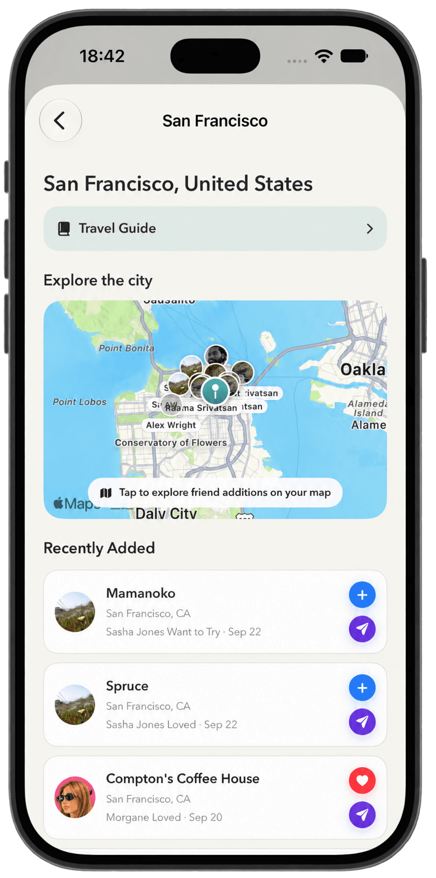 San Francisco city screen with Travel Guide, friends on the map, and recently added places